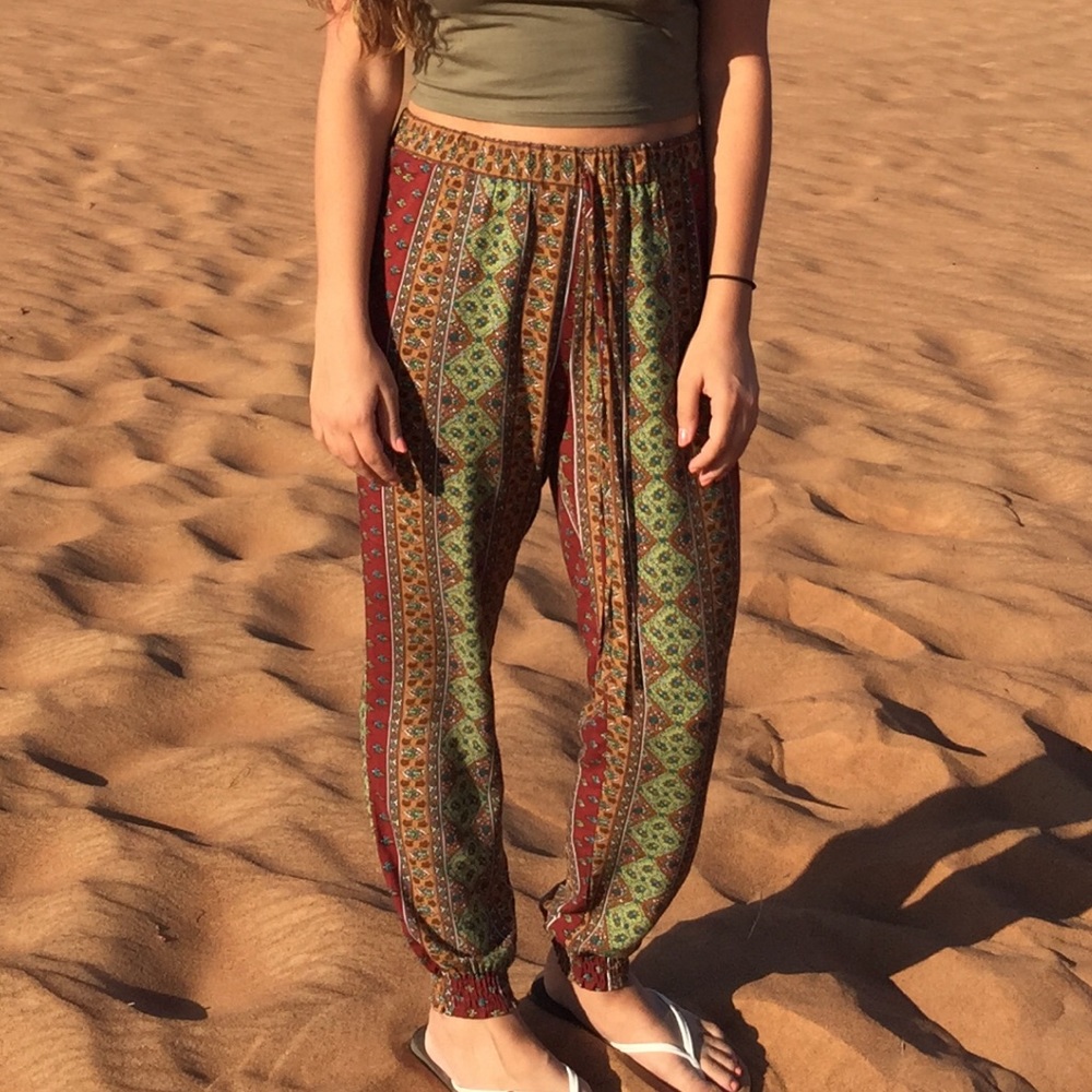 Flowy pants cinched at ankles